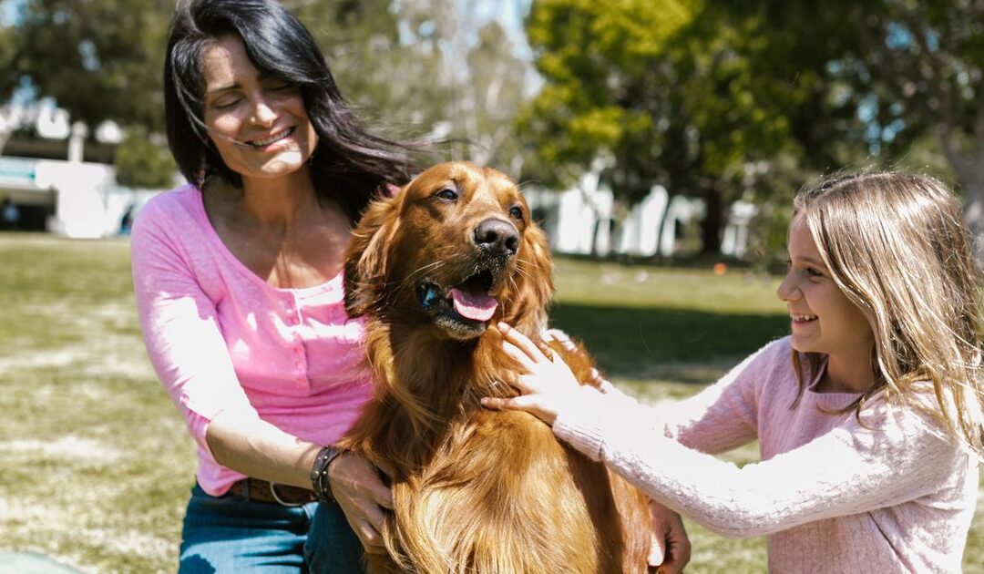 Moeder en dochter aaien samen een hond in het park